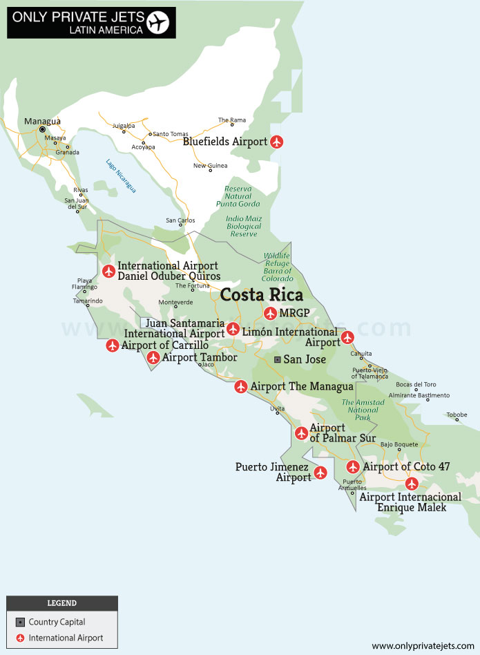 Costa Rica private jet airports map