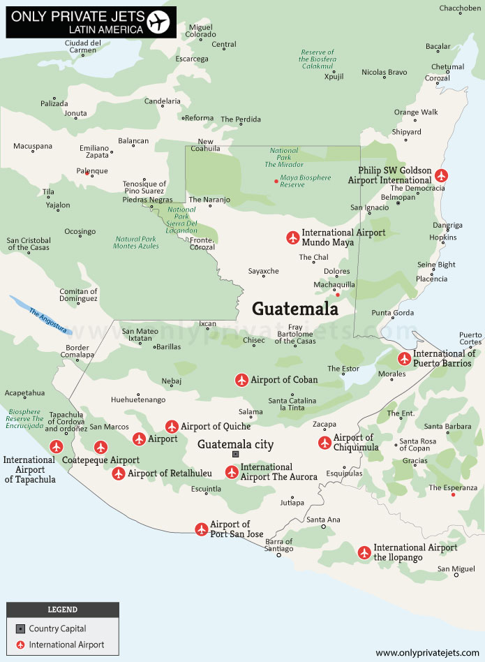Guatemala private jet airports map